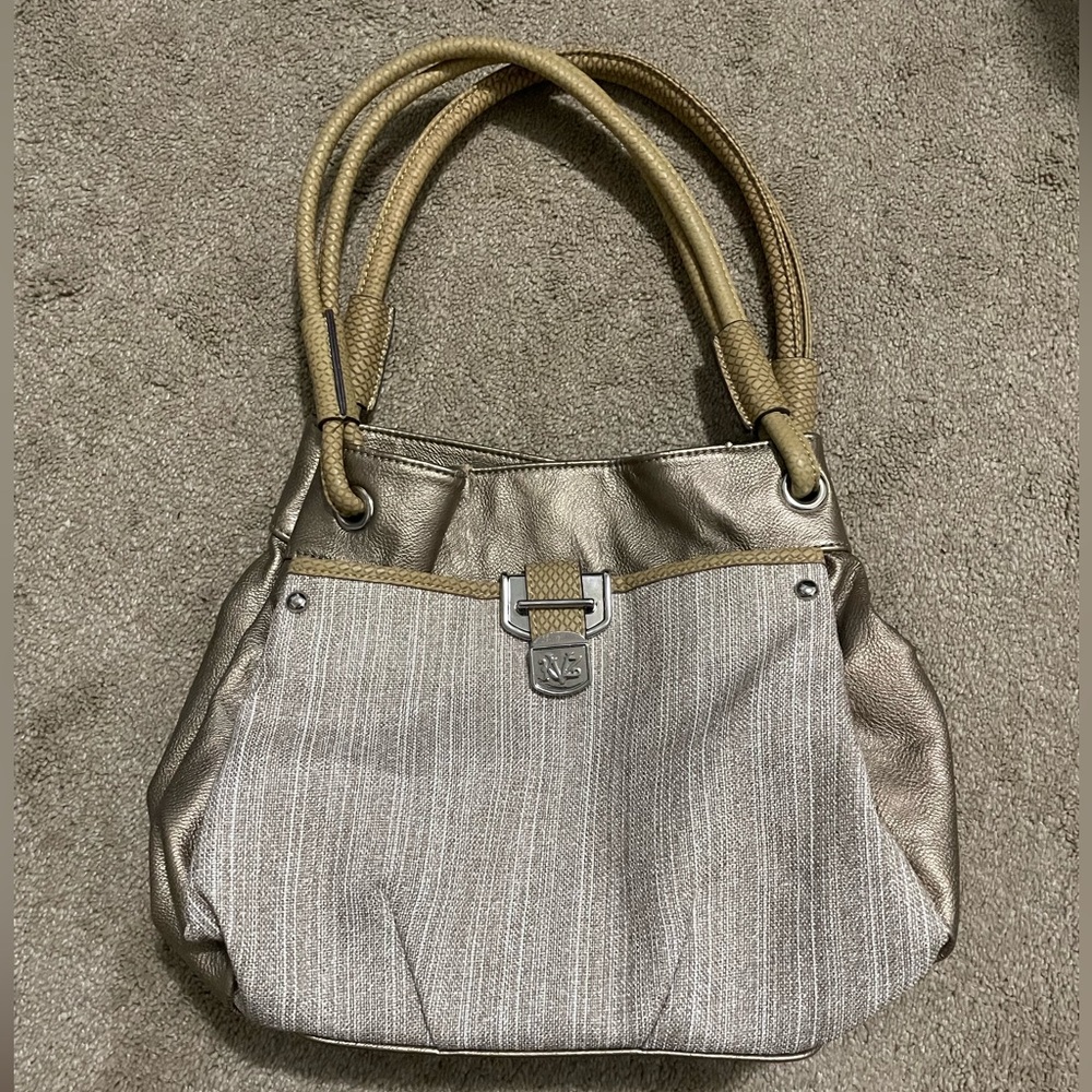 Kathy Van Zeeland Tote Purse Cream, Tan, Champagne Shimmery Button Closure